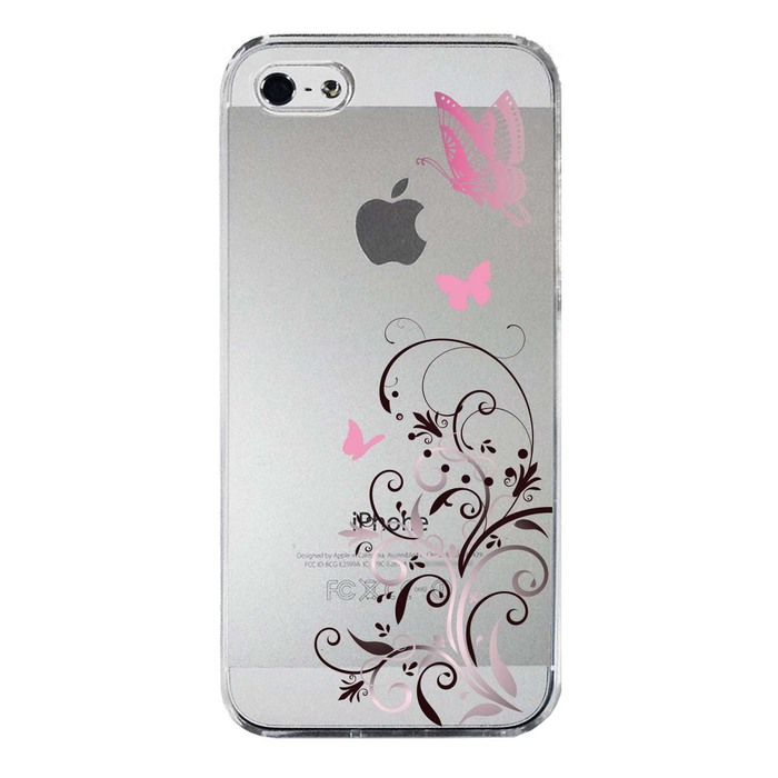 iPhone5 iPhone5s ケース クリア 花と蝶 ピンク スマホケース ハード スマホケース ハード-3