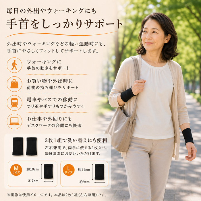 ウォーキング・買い物・電車移動・デスクワークに使える手首サポーターとM・Lサイズ案内