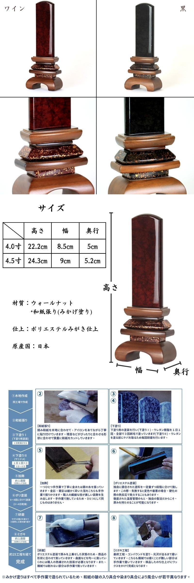 国産 高級みかげ塗り位牌 美影 高台 5.0寸 ワイン 黒 位牌 名前入れ