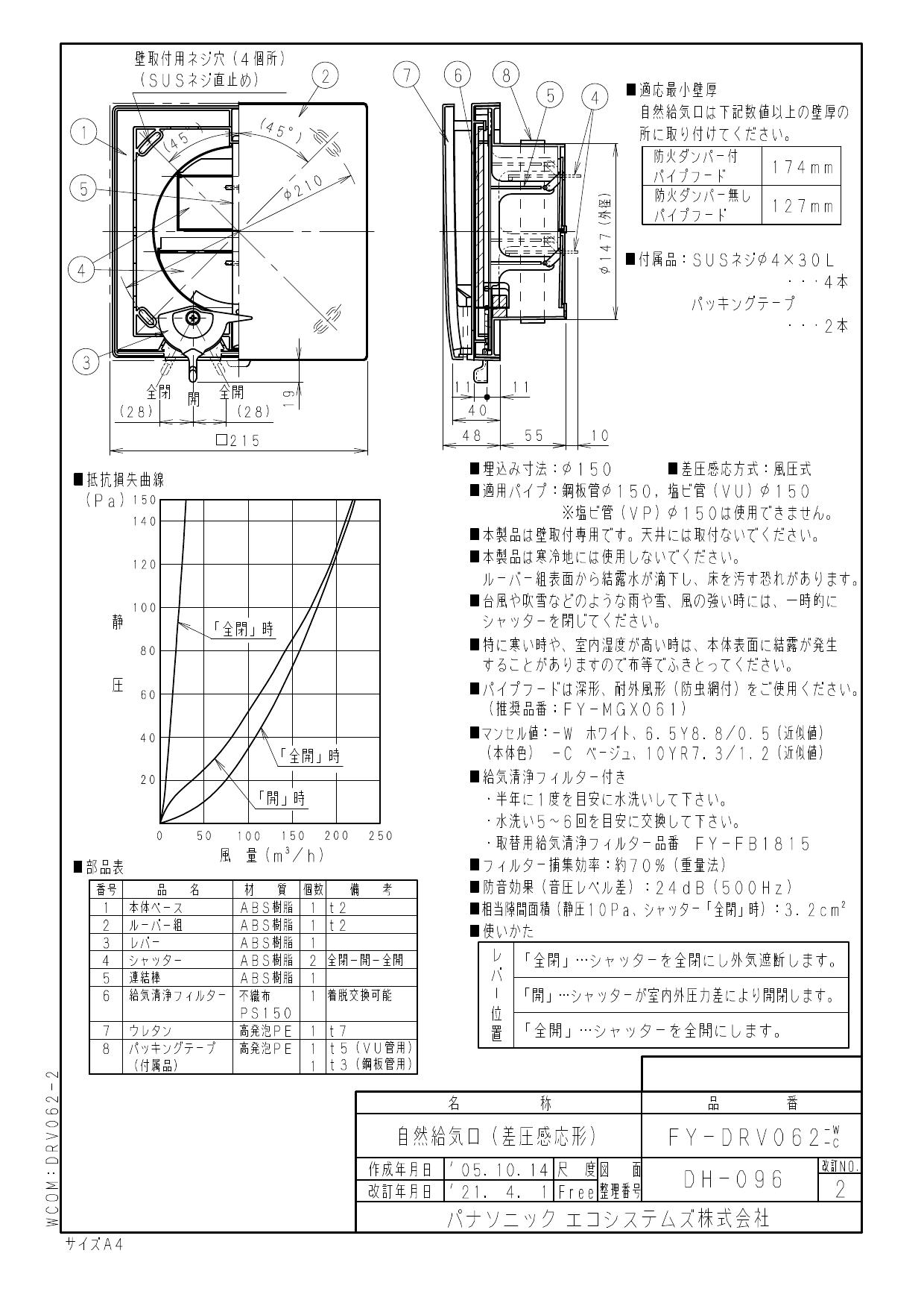 Panasonic（パナソニック） 【FY-DRV062-W】 換気扇 自然給気口 レンジ