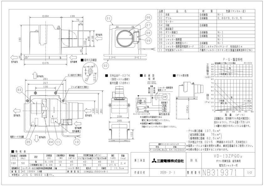 三菱電機 換気扇 VD-13ZPQD3 ダクト用換気扇 天井埋込形(ACモーター