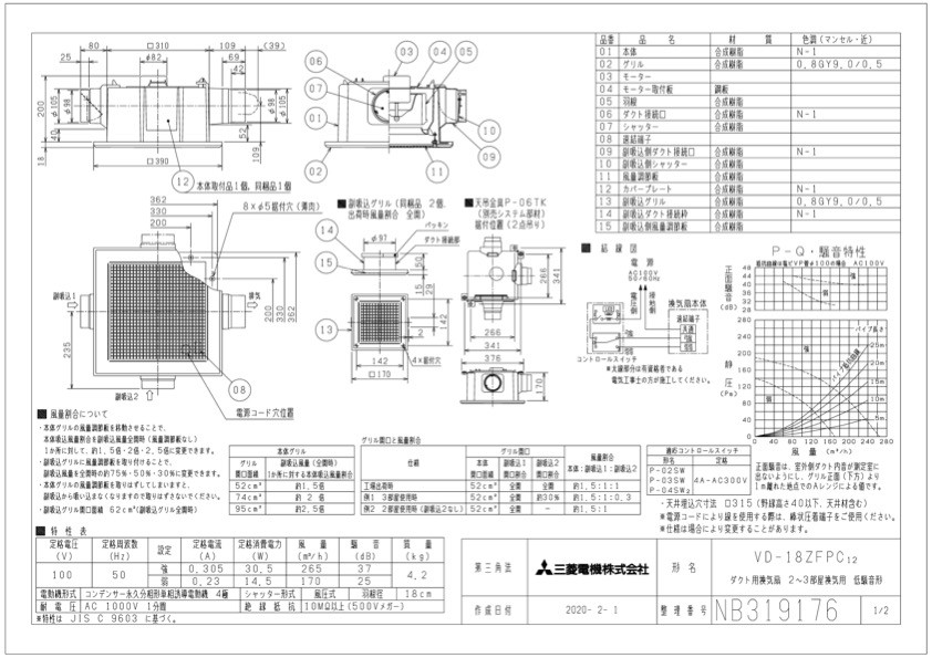 三菱 換気扇 VD-18ZFPC12 ダクト用換気扇 天井埋込形(ACモーター搭載