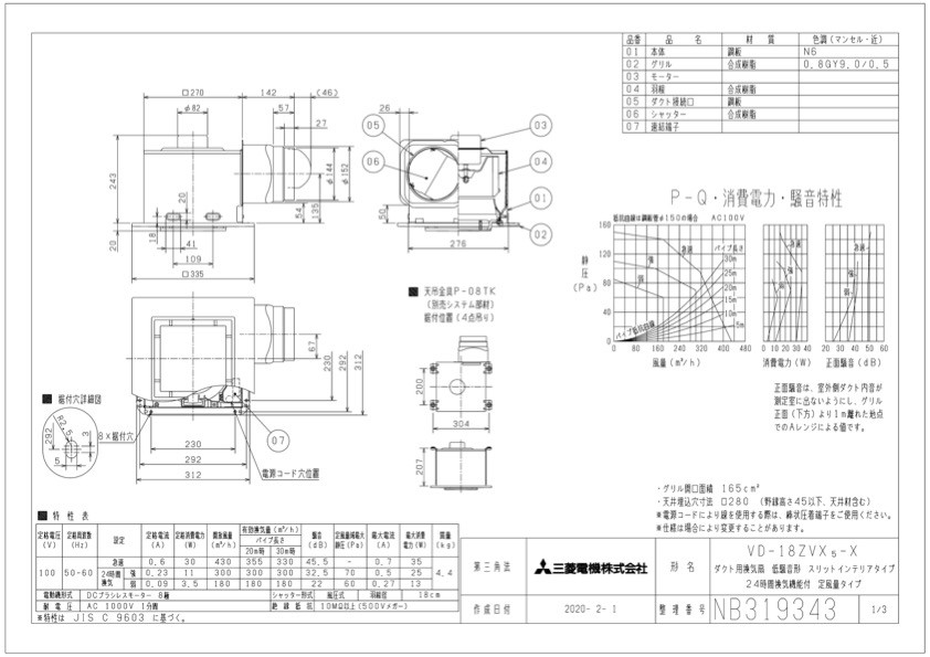 三菱 換気扇 VD-18ZVX5-X ダクト用換気扇 天井埋込形(DCブラシレス