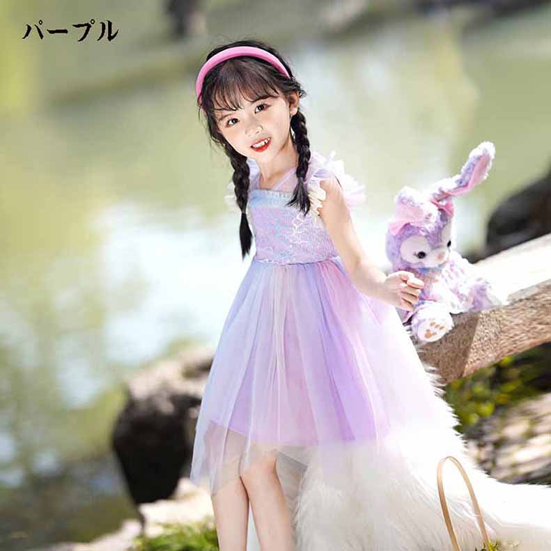 子供服キッズ おしゃれ 春 夏 シンプル花柄肩フリルチュールワンピース