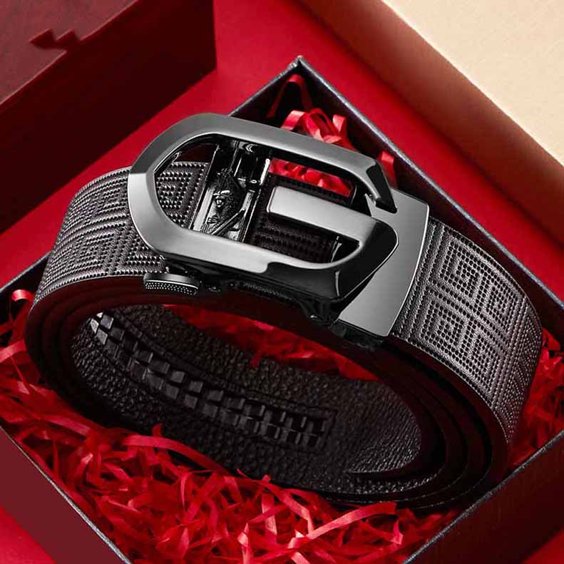 ギフト箱ベルト メンズ 本革 オートロック式 バックル 無段階 穴なし