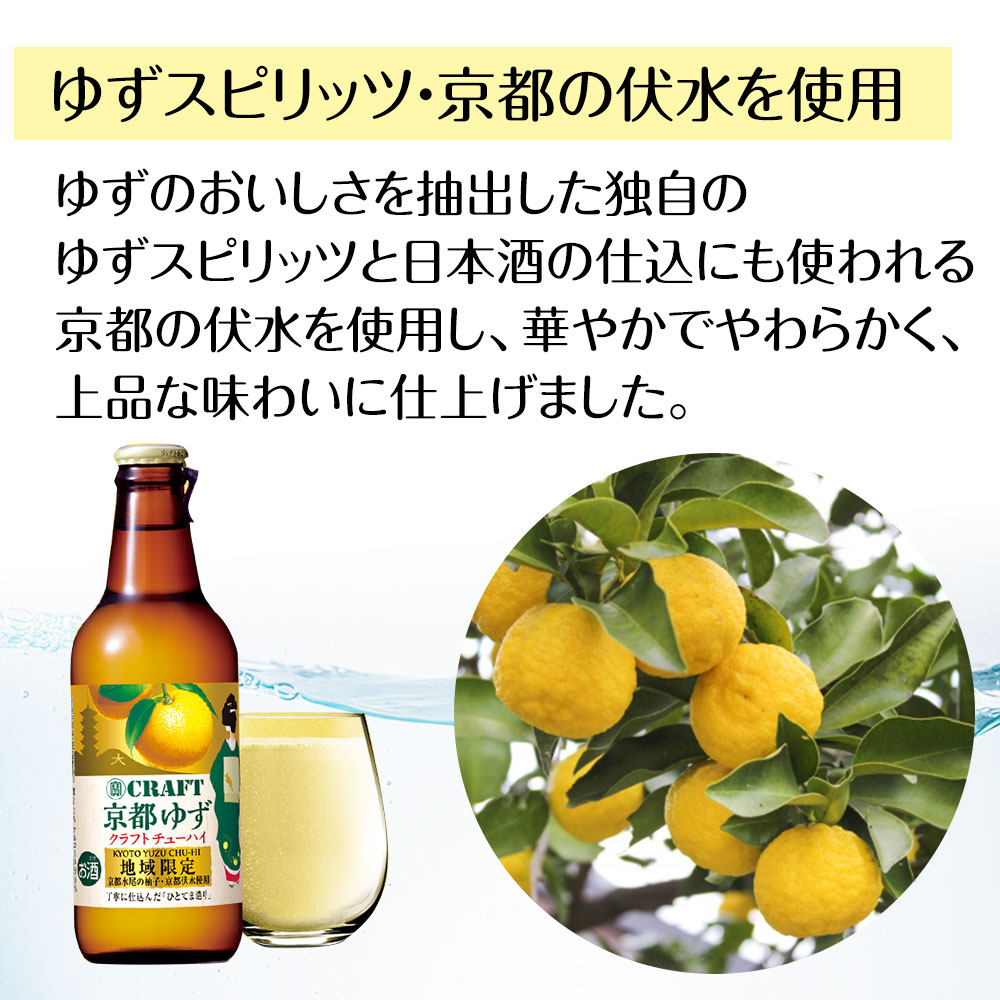 ゆずスピリッツ・京都の伏水を使用ゆずのおいしさを抽出した独自のゆずスピリッツと日本酒の仕込にも使われる京都の伏水を使用し、華やかでやわらかく、上品な味わいに仕上げました。