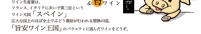 ワイン生産量は、フランス、イタリアに次いで第三位というワイン大国スペイン。広大な国土のほぼ全土でぶどう栽培が行われる情熱の国。「旨安ワイン王国」のバラエティに富んだワインをどうぞ。