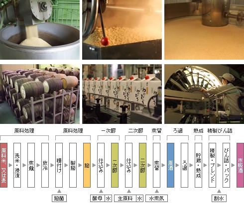 原料となる米又は麦を洗米・浸漬し、蒸し上げて冷まします。麹菌を種付けし製麹し、でき上がった麹に酵母と水を仕込んで発酵させ一次醪を造ります。さらに主原料と水を仕込んで発酵させると、二次醪ができ上がります。これを蒸留し、でき上がった原酒をろ過して貯蔵・熟成させます。熟成した原酒は精製・ブレンド・割水・そして瓶詰又はパックの工程を経て、市販酒として出荷されます。