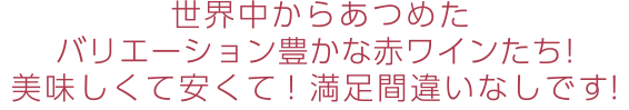 世界中からあつめた、バリエーション豊かな赤ワインたち! 美味しくて安くて! 満足間違いなしです!