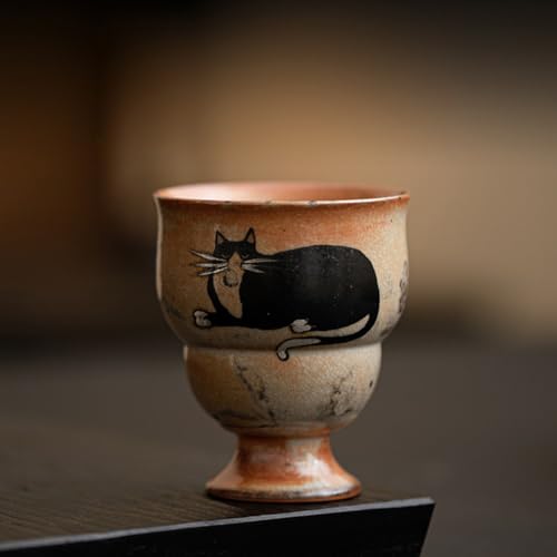 光臣作 柴窯焼成 主人杯 茶杯 茶器 手作り 窯変 志野焼 猫 茶杯 職人手作り 陶瓷 酒器 徳利 お猪口 湯呑み 清酒杯