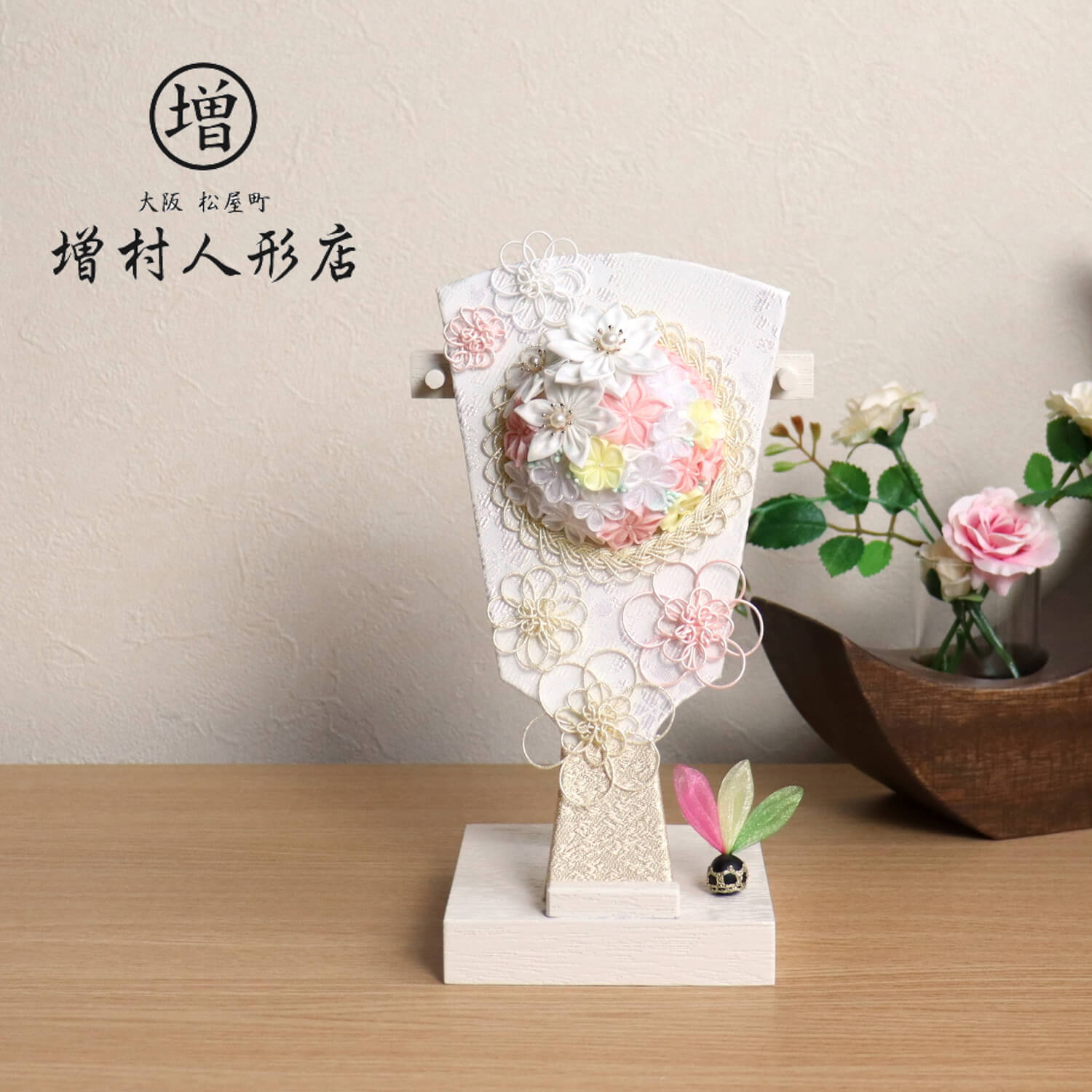 6号 正絹 つまみ細工 羽子板 ブーケ bouquet ボタニカル 木目塗