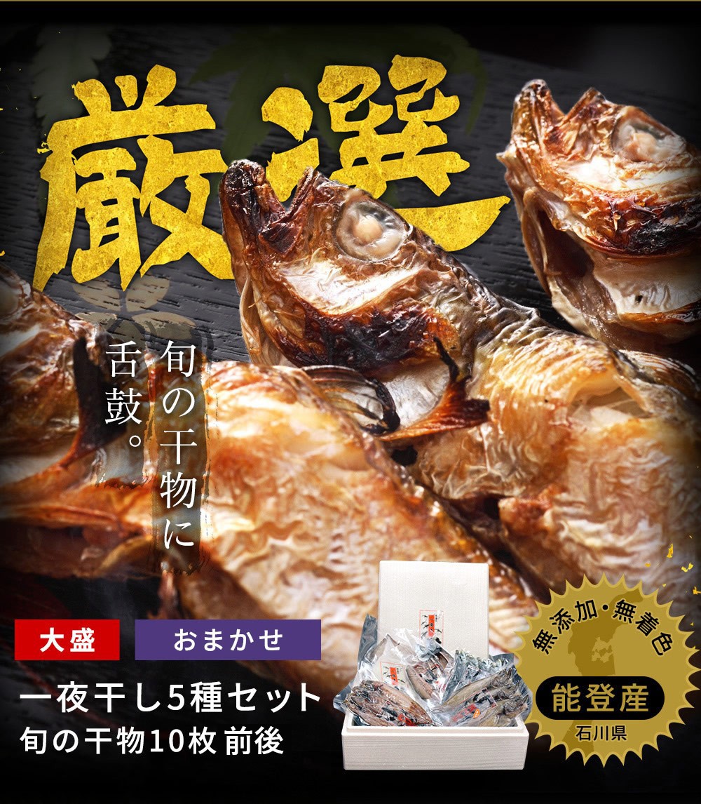 干物 国産 国産 日本海 北陸 石川県 能登の旬魚ひもの5種 計10枚前後 無添加 熟成一夜干し 開き干し 同梱不可 冷凍便 :y-h-set:越前かに問屋ますよね公式ストア  - 通販 - Yahoo!ショッピング