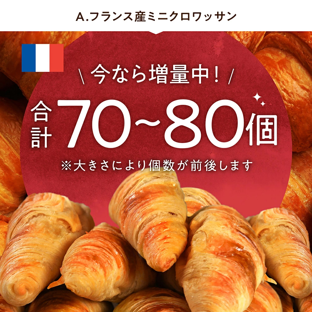 ※在庫切れ※ 賞味期限7/26 期間限定 増量 計70〜80個 パン フランス産 最大2kg 生クロワッサン25g or 生ミニパンオショコラ25g 焼くだけ 冷凍食品｜masuyone｜02