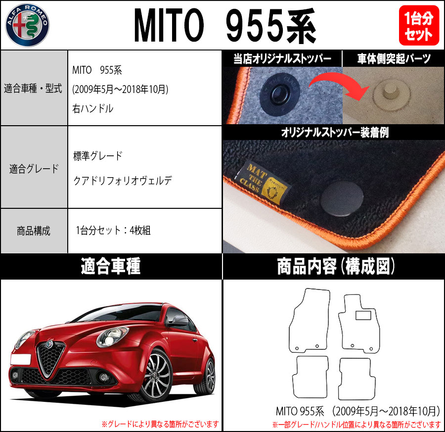 ポイント5倍】アルファロメオ MITO ミト 955系 1台分セット フロアマット カーマット【スポーツ】フロアーマット ALFAROMEO 送料無料  日本製 : al-955-s : MAT THE CLASS - 通販 - Yahoo!ショッピング