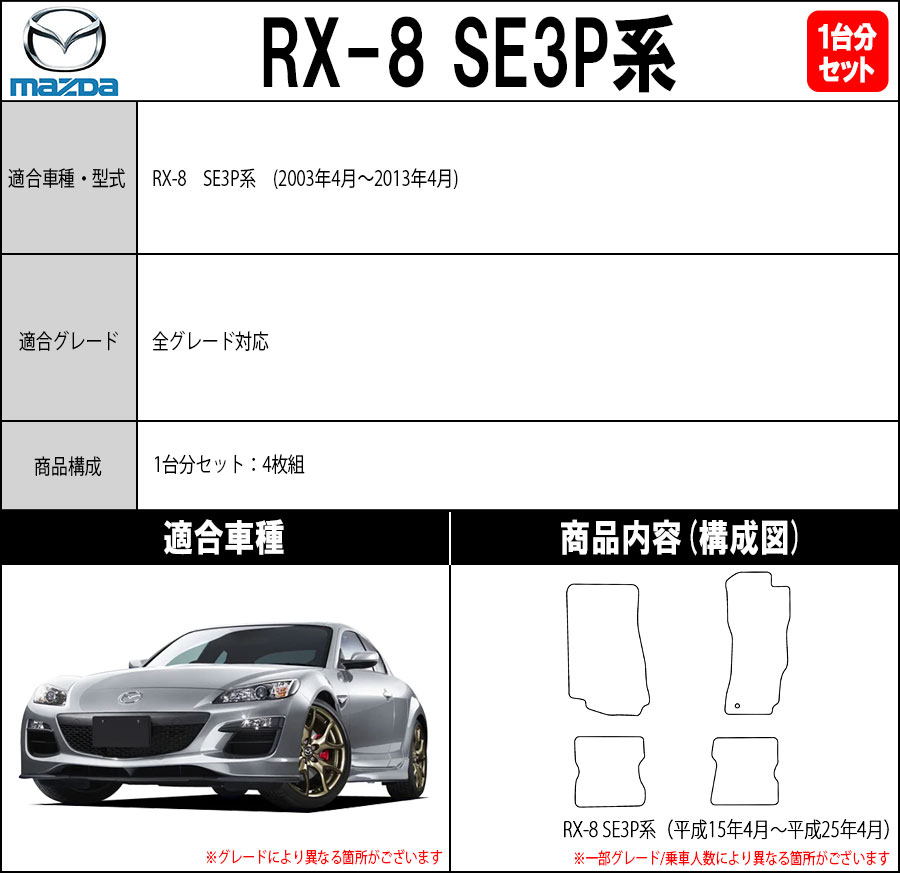 ポイント5倍】マツダ RX-8 SE3P系 フロアマット カーマット 1台分セット【プレミアム】シリーズ フロアーマット 送料無料 日本製 RX8 :  ma-se3p-p : MAT THE CLASS - 通販 - Yahoo!ショッピング