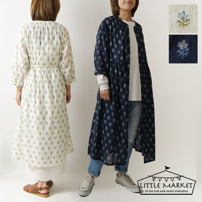 10%OFFクーポン ワンピース レディース LITTLE MARKET リトルマーケット インド綿 コモンスタンプ 前開き ワンピース S4711-605-04 春 夏 ロング 七分袖 母の日 LITTLE MARKET リトルマーケット】インド綿 コモンスタンプ 前