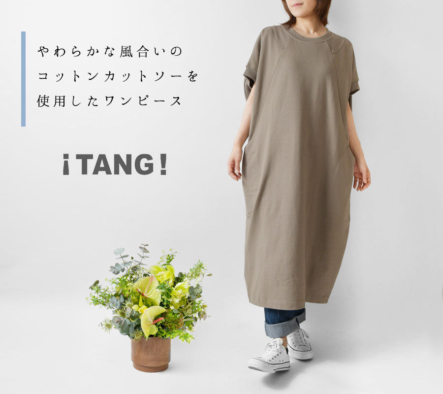 SALE 40%OFF TANG タング コットン コーマ ミニ裏毛 切替 ワンピース (2025501)レディース 春 夏 重ね着 半袖 ゆったり  ナチュラル 服 シンプル コーディネート