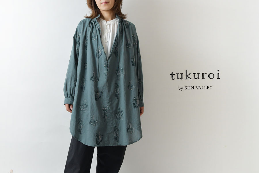 SALE 40%OFF tukuroi ツクロイ (サンバレー sun valley)コットン リネン ローン 総柄 刺繍 スキッパー ギャザー  チュニック(tk625221)秋 冬 ナチュラル 麻