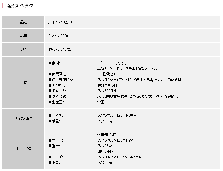 ルルド バスピロー AX-KXL520rd ATEX AXKXL520rd バス枕 風呂枕 バス