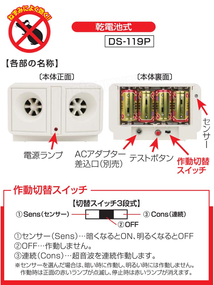 即日出荷 電池式 ねずみ超音波撃退機 ネズミ除去器 ダブルスピーカー 強力50