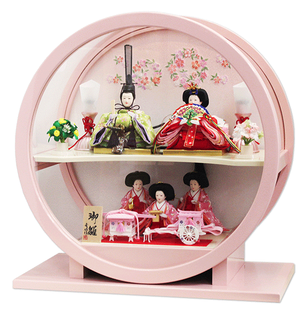 雛人形 ひな人形 ケース飾り コンパクト ピンク塗 円形アクリルケース