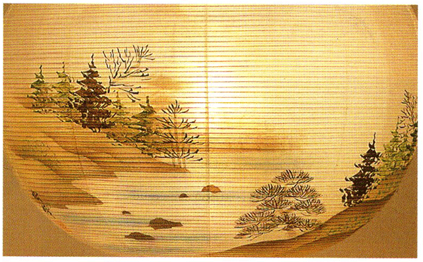 盆提灯 絹張行灯黒塗二重絵山水大河12号 八女提灯