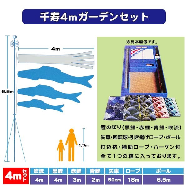 徳永鯉 4m 千寿 鯉のぼり ガーデンセット 撥水加工 ポール付きセット