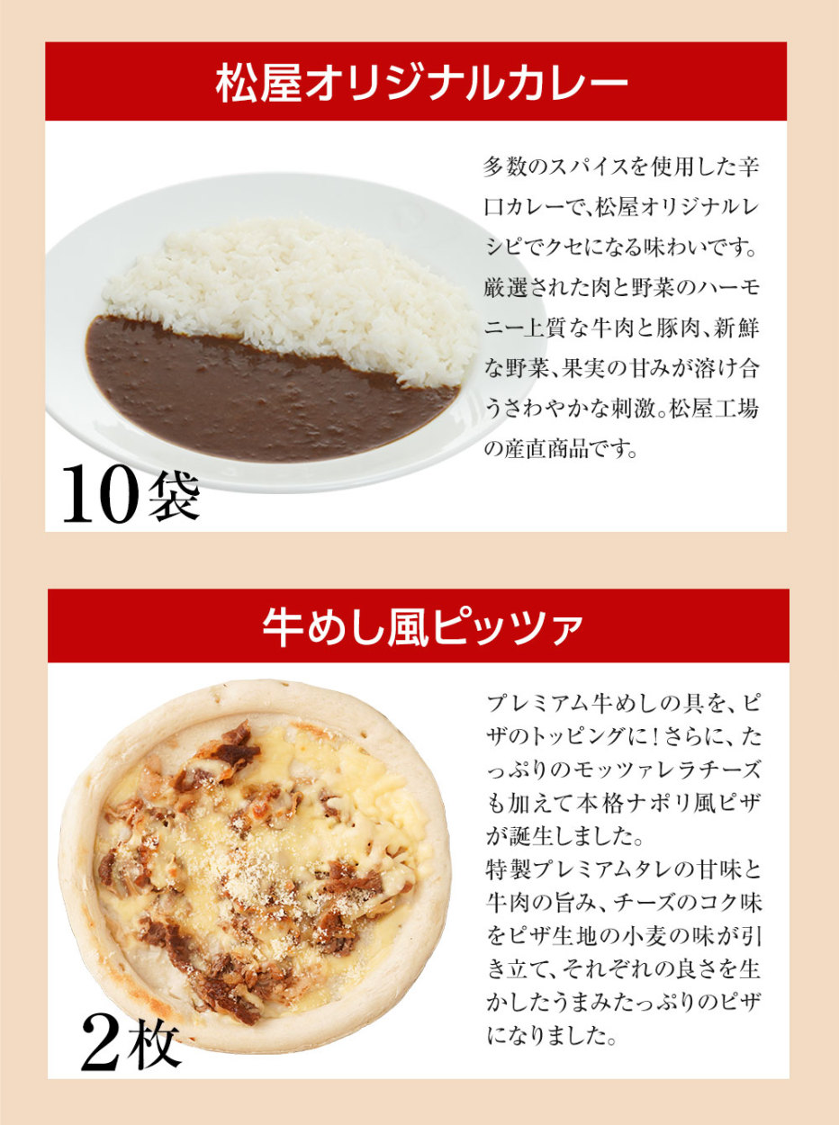 松屋カレー・牛めし風ピザセット 計12袋 保存食 牛丼 肉 仕送り 業務用