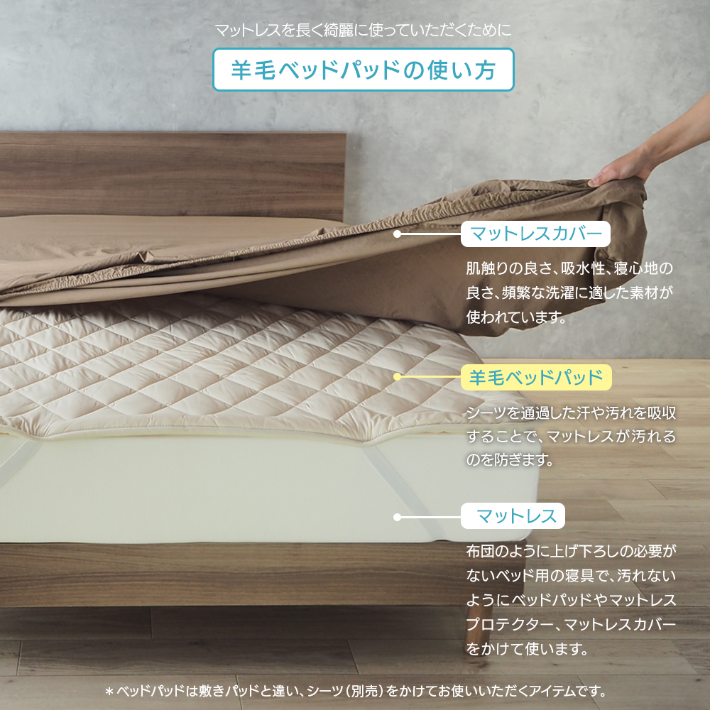 ベッドパッド ウール 160クイーン 日本製 洗える 羊毛100％ 寝具 ベッド用 ぴったりサイズ 長さ195cm KM05 1.5倍増量タイプ｜mattress｜14
