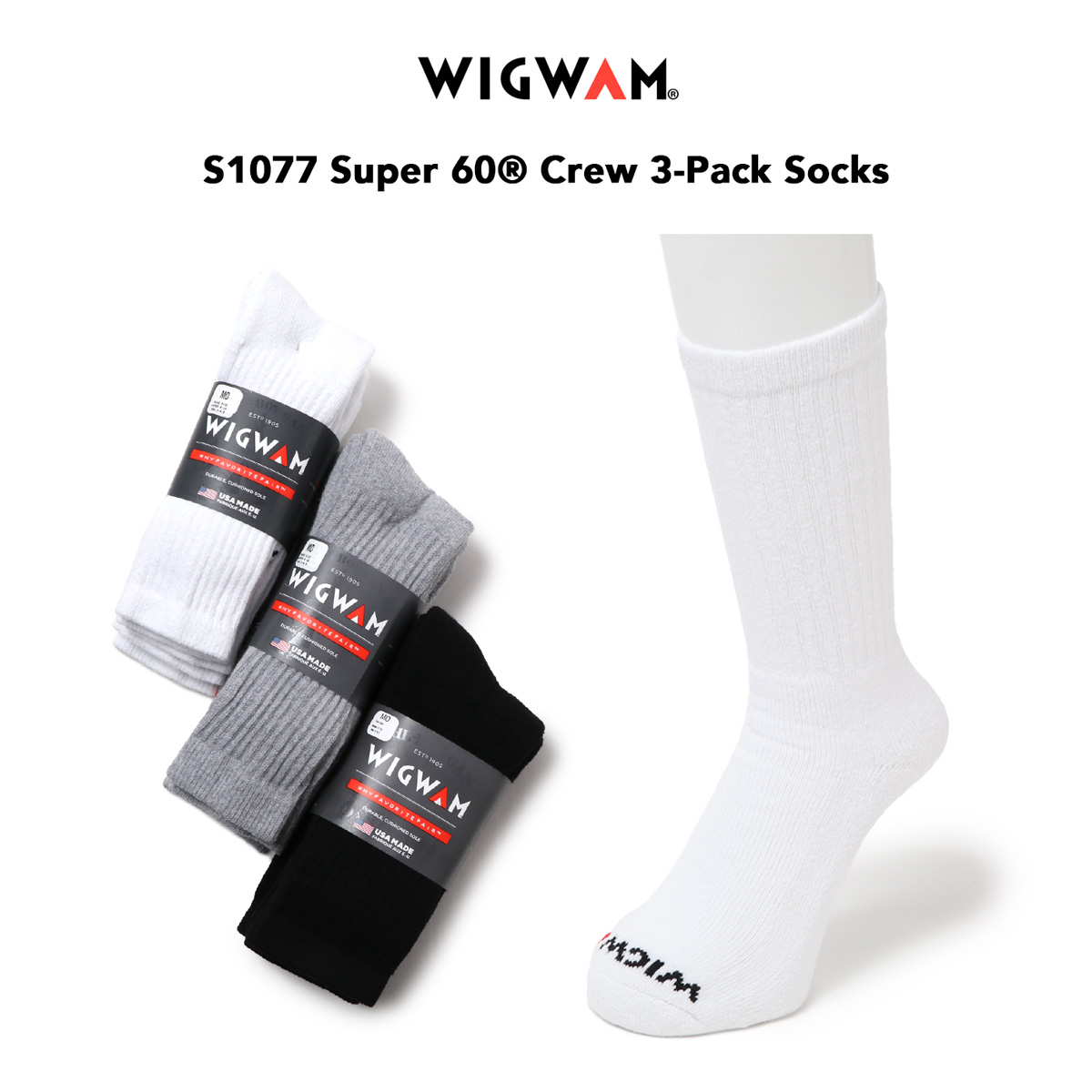 WIGWAM ウィグワム S1077 Super 60 Crew 3-Pack Socks Midweight