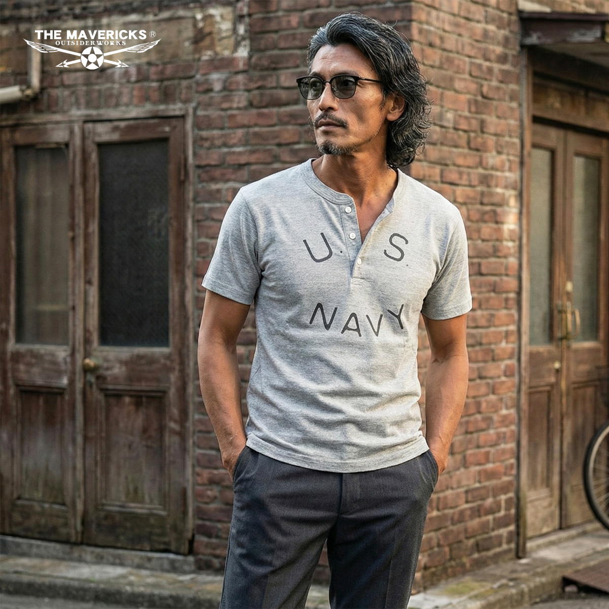 ヘンリーネック Tシャツ 半袖 メンズ U.S.NAVY 米海軍 ロゴ THE 