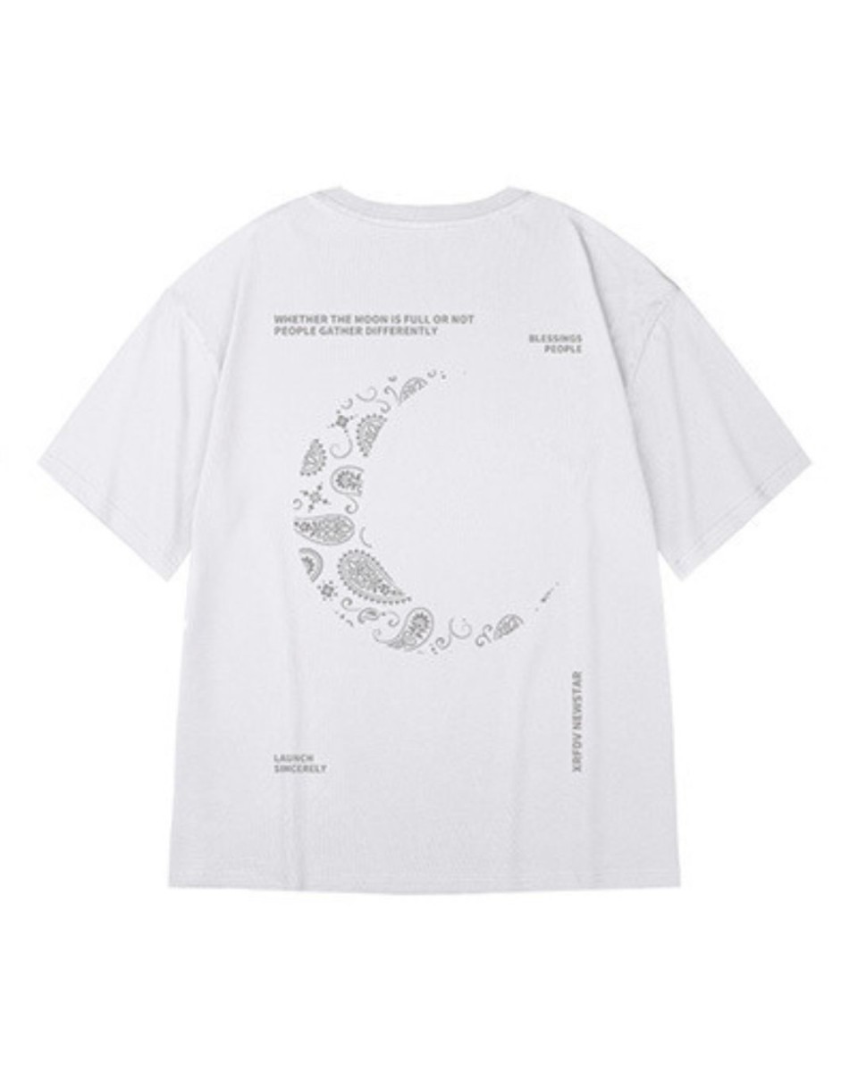 ペイズリー柄 Tシャツ ハーフムーン デザイン バックプリント ロゴ 半袖 メンズ カジュアル 白