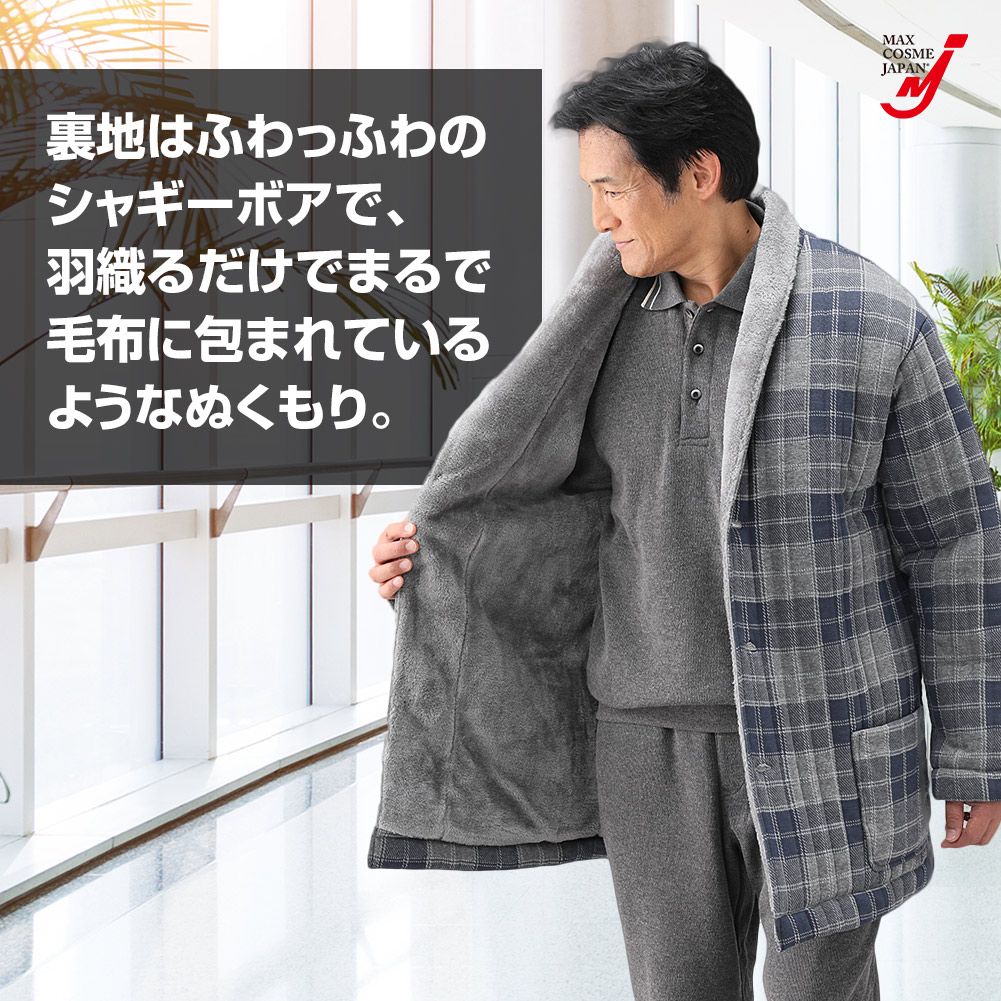 厚手 ソフトガウン 男女兼用 裏シャギー ルームウェア 中綿 ネイビー