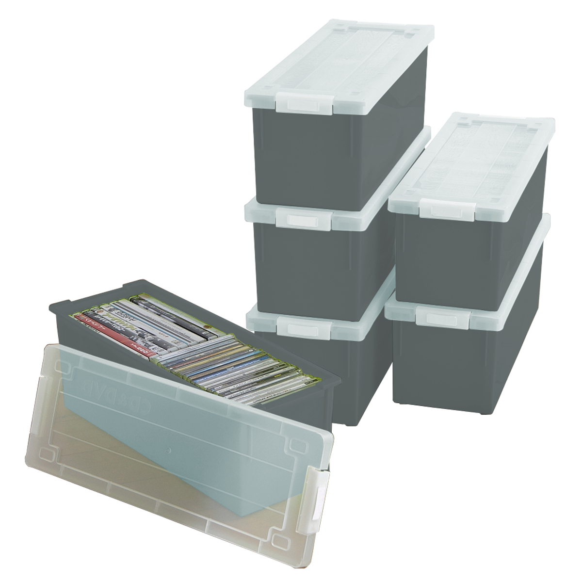 CDケース DVDケース  ブルーレイケース 収納ボックス バックル式 フタ付 収納ケース プラスチック 仕切り板 おしゃれ 可愛い クリアブラック 同色 6個組 日本製｜maxjapan-store｜14