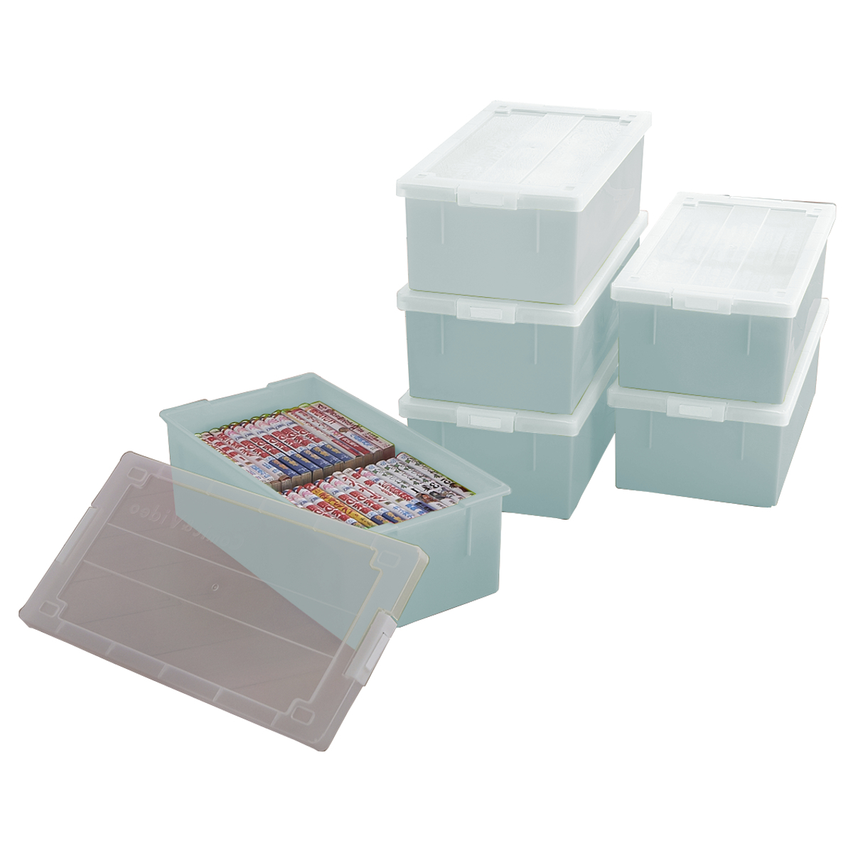 CDケース DVDケース  ブルーレイケース 収納ボックス バックル式 フタ付き 収納ケース プラスチック カラーボックス 仕切り板 おしゃれ 可愛い アイスブルー 同色 6個組 完成品 小物収納 日本製 