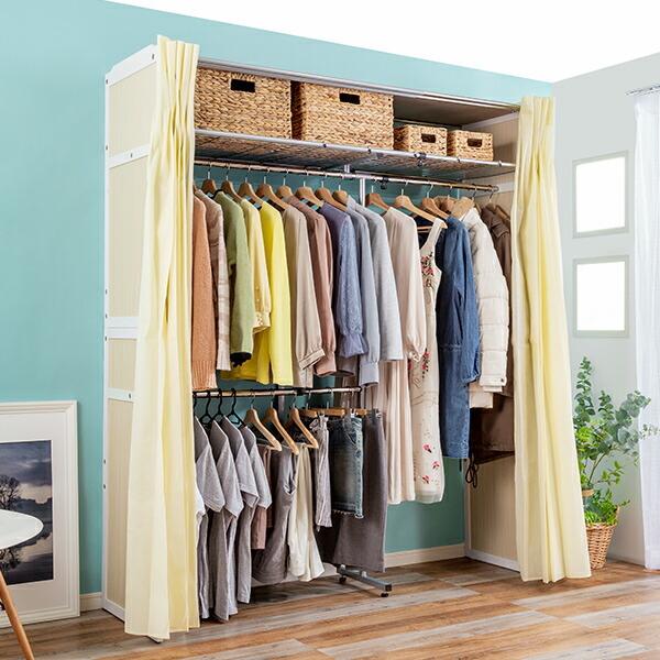 伸縮式クローゼット 棚付きタイプ ハンガーラック カバー付き 収納 奥行55cm 衣類収納 ワードローブ カーテン チェスト 洋服 衣類収納 おしゃれ 大容量 壁面収納 |  | 02
