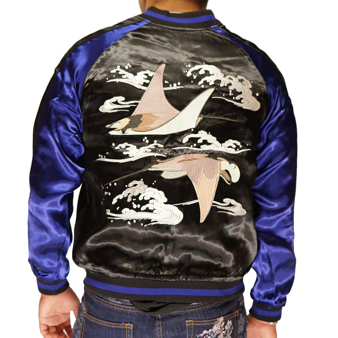 JAPANESQUE [ｼﾞｬﾊﾟﾈｽｸ] マンタ 刺繍 波 リバーシブル 和柄 スカジャン メンズ 3RSJ-048/送料無料 JAPANESQUE [ジャパネスク] マンタ 刺繍 波 リバーシブル 和柄