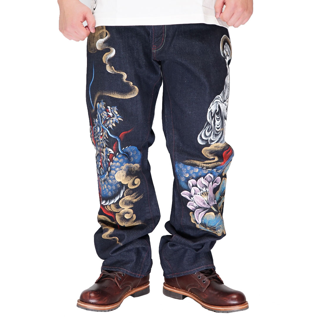 美品☆禅 手書き京友禅ストレートデニム ジーンズ 牡丹櫻 兎 手書きペイント 美品☆禅 手書き京友禅ストレートデニム ジーンズ 牡丹櫻 兎 手書き