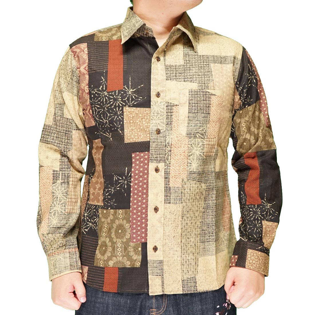 衣櫻 ころもざくら 和柄 長袖シャツ 日本製 メンズ 大島紬調 パッチ