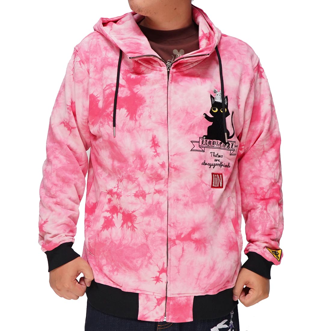 LIN 和柄 長袖 メンズ パーカー 黒猫のLamyとネズミのEarl ラミ