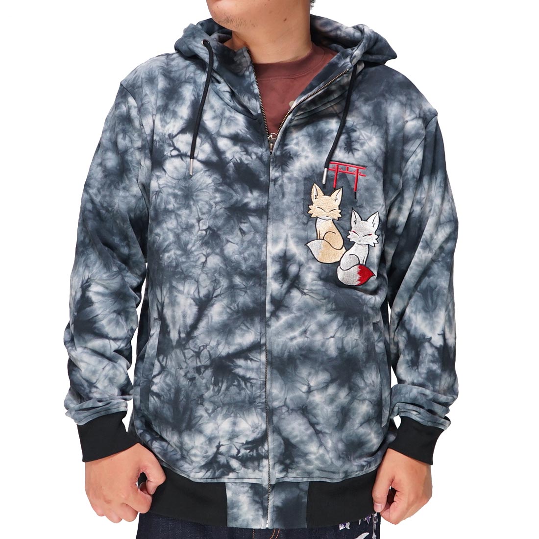 今昔 こんじゃく 狐 和柄 パーカー メンズ 子狐 金狐 銀狐 タイダイ