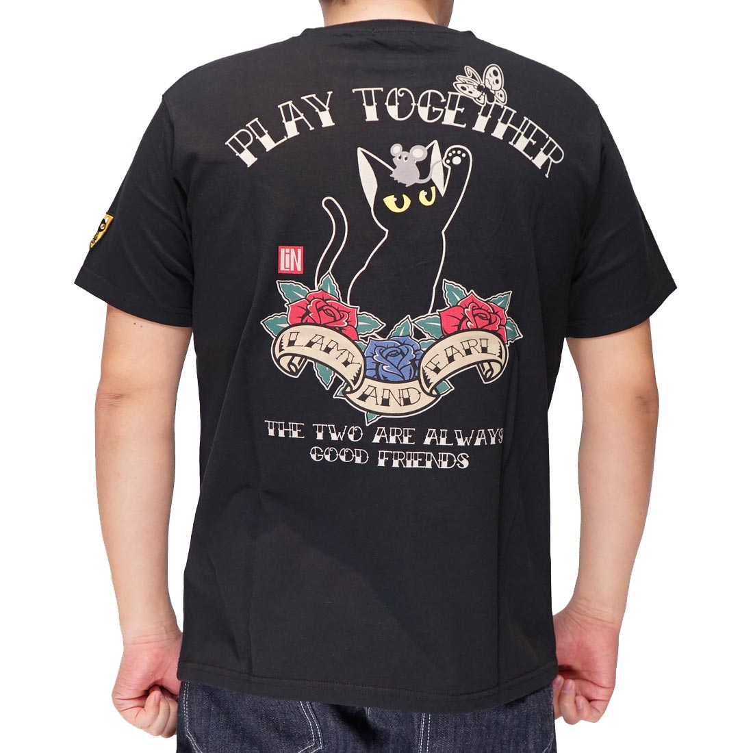 LIN 和柄 Tシャツ メンズ 半袖 黒猫のLamyとネズミのEarl ラミ＆アール