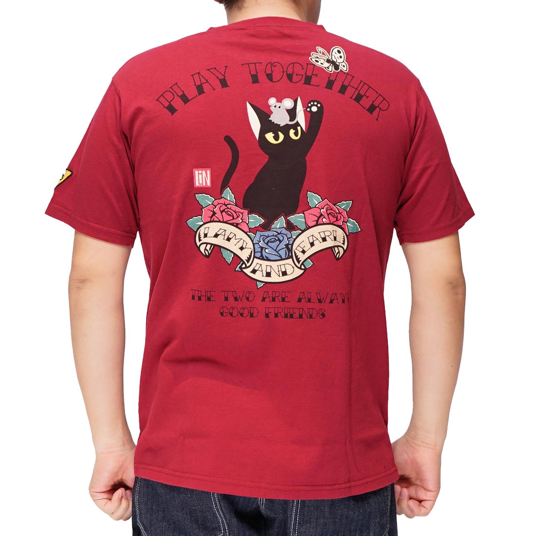 LIN 和柄 Tシャツ メンズ 半袖 黒猫のLamyとネズミのEarl ラミ＆アール