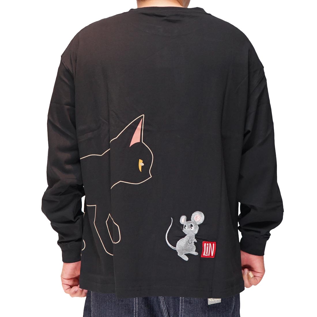 LIN 和柄 Tシャツ メンズ 半袖 黒猫のLamyとネズミのEarl ラミ＆アール ゆったりリブ付きロンT 参丸一 AL-75089