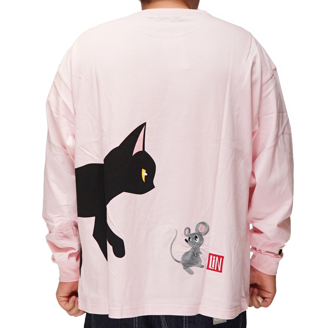 LIN 和柄 Tシャツ メンズ 半袖 黒猫のLamyとネズミのEarl ラミ＆アール ゆったりリブ付きロンT 参丸一 AL-75089