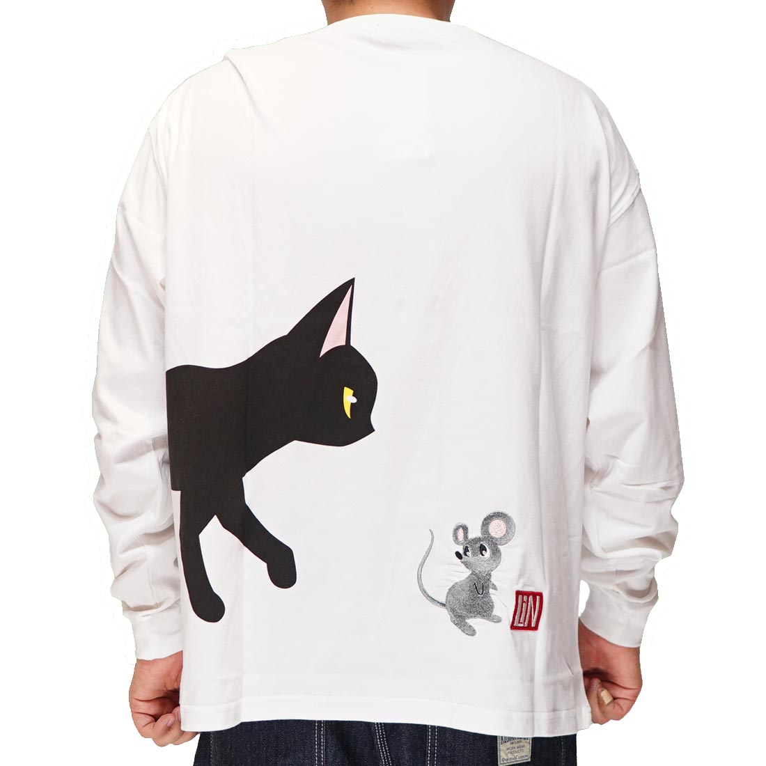 LIN 和柄 Tシャツ メンズ 半袖 黒猫のLamyとネズミのEarl ラミ＆アール ゆったりリブ付きロンT 参丸一 AL-75089