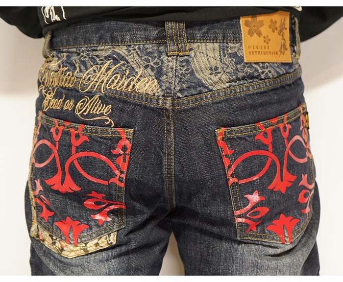 絡繰魂 抜刀娘 バットウムスメ 和柄 ジーンズ デニム メンズ 総刺繍 結