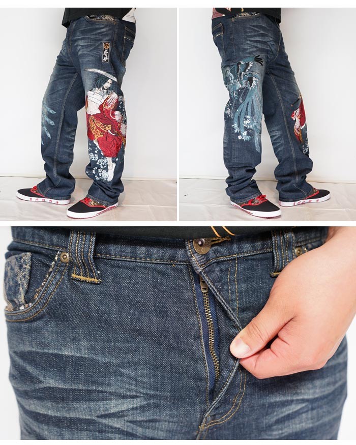 抜刀娘/葵刺繍 鸞の精 総刺繍 デニムパンツ 和柄　ジーンズ インディゴ38 抜刀娘/葵刺繍 鸞の精 総刺繍 デニムパンツ 和柄 ジーンズ インディゴ