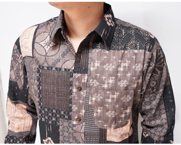 【ボボパッチ様】Dress hippy 総柄 夜景柄 長袖シャツ XL 日本製 衣櫻 ころもざくら 和柄 長袖シャツ 日本製 メンズ 大島紬調 襤褸柄