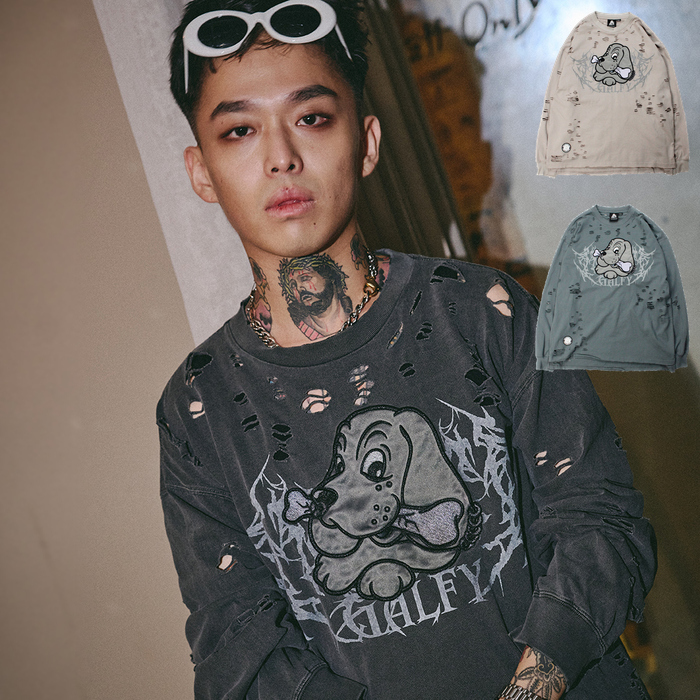【未着用】GALFY ガルフィー　ロンT 長袖Tシャツ　メンズLサイズ　骨と犬 GALFY ガルフィー ロンT 長袖 Tシャツ メンズ レディース 犬ダメージ